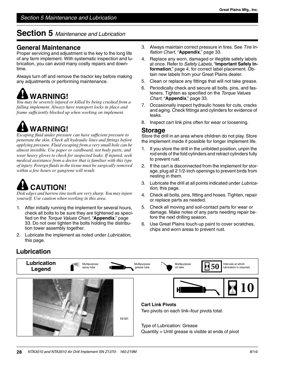 Warning, Caution, General maintenance | Storage, Lubrication | Great Plains NTA3010 Operator Manual User Manual | Page 30 / 39