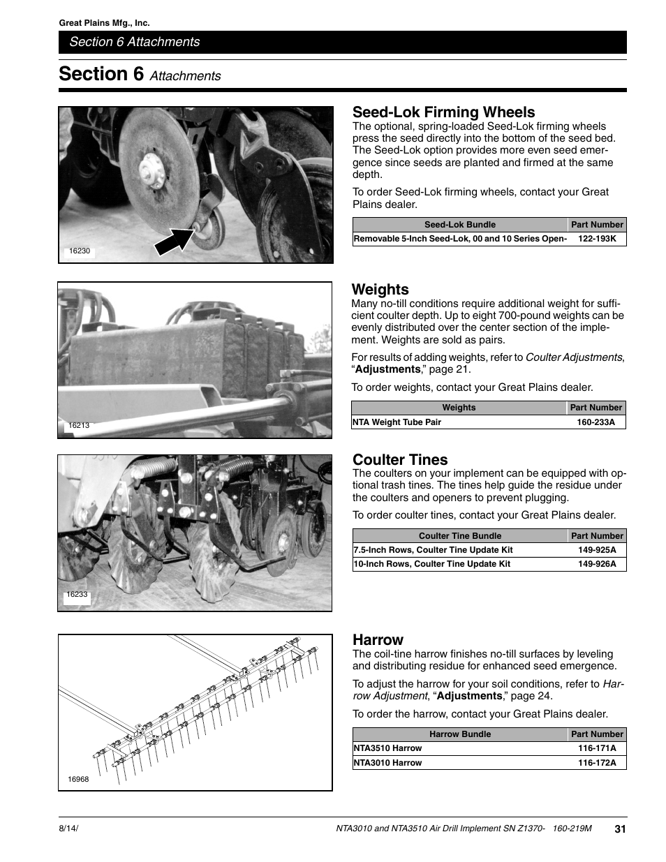 Seed-lok firming wheels, Coulter tines, Weights | Harrow, Attachments | Great Plains NTA3010 Operator Manual User Manual | Page 33 / 39