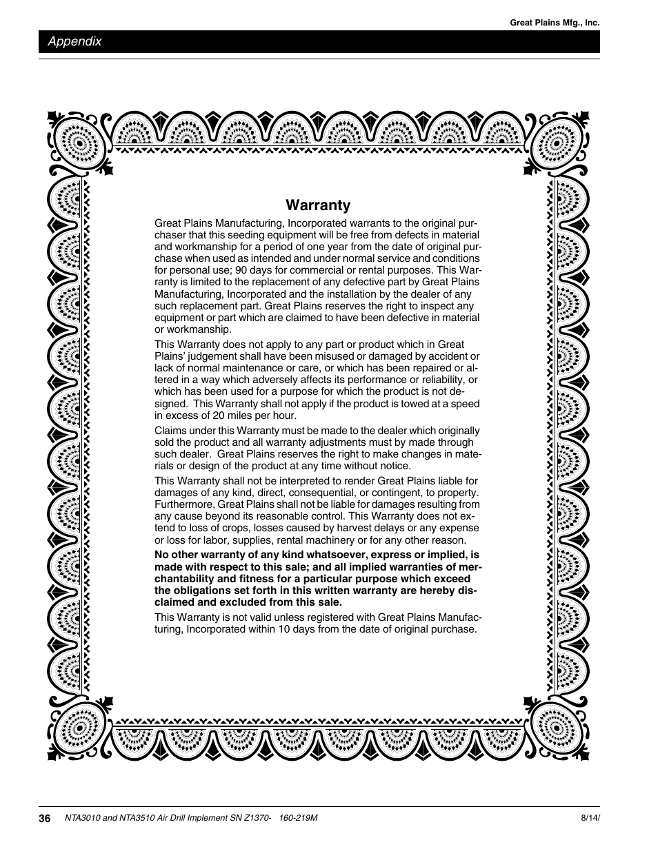 Warranty | Great Plains NTA3010 Operator Manual User Manual | Page 38 / 39