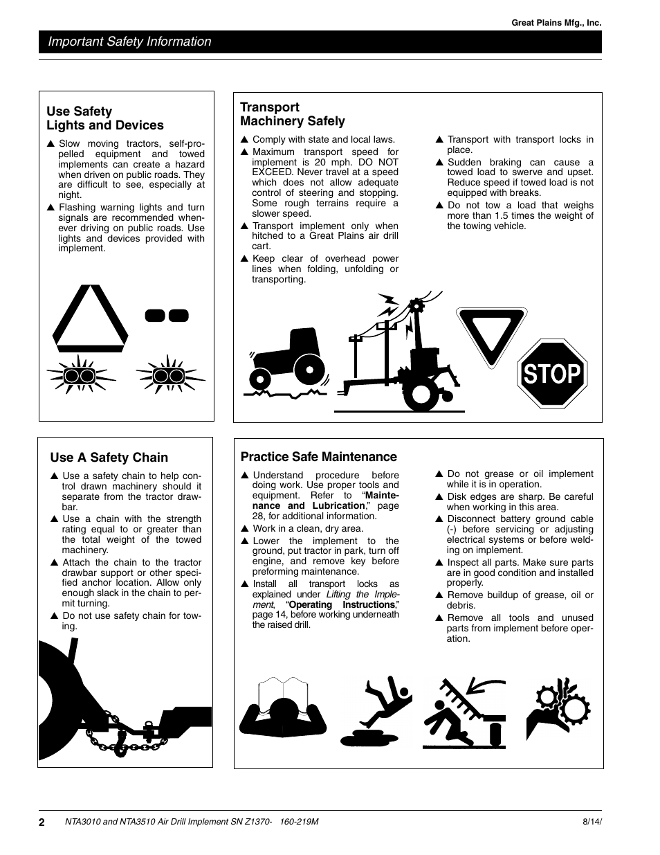 Important safety information, Transport machinery safely, Use safety lights and devices | Practice safe maintenance, Use a safety chain | Great Plains NTA3010 Operator Manual User Manual | Page 4 / 39