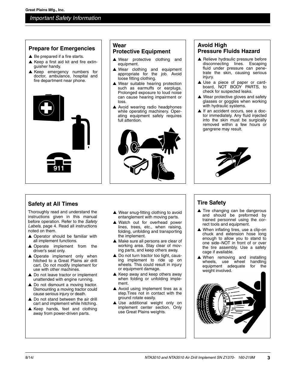 Important safety information, Prepare for emergencies, Tire safety | Wear protective equipment, Avoid high pressure fluids hazard, Safety at all times | Great Plains NTA3010 Operator Manual User Manual | Page 5 / 39