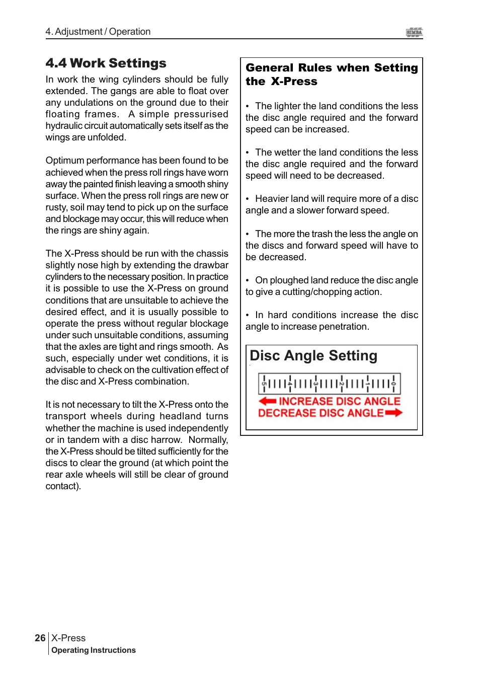 Disc angle setting, 4 work settings | Great Plains P15845 Serial No 18007975 User Manual | Page 26 / 38