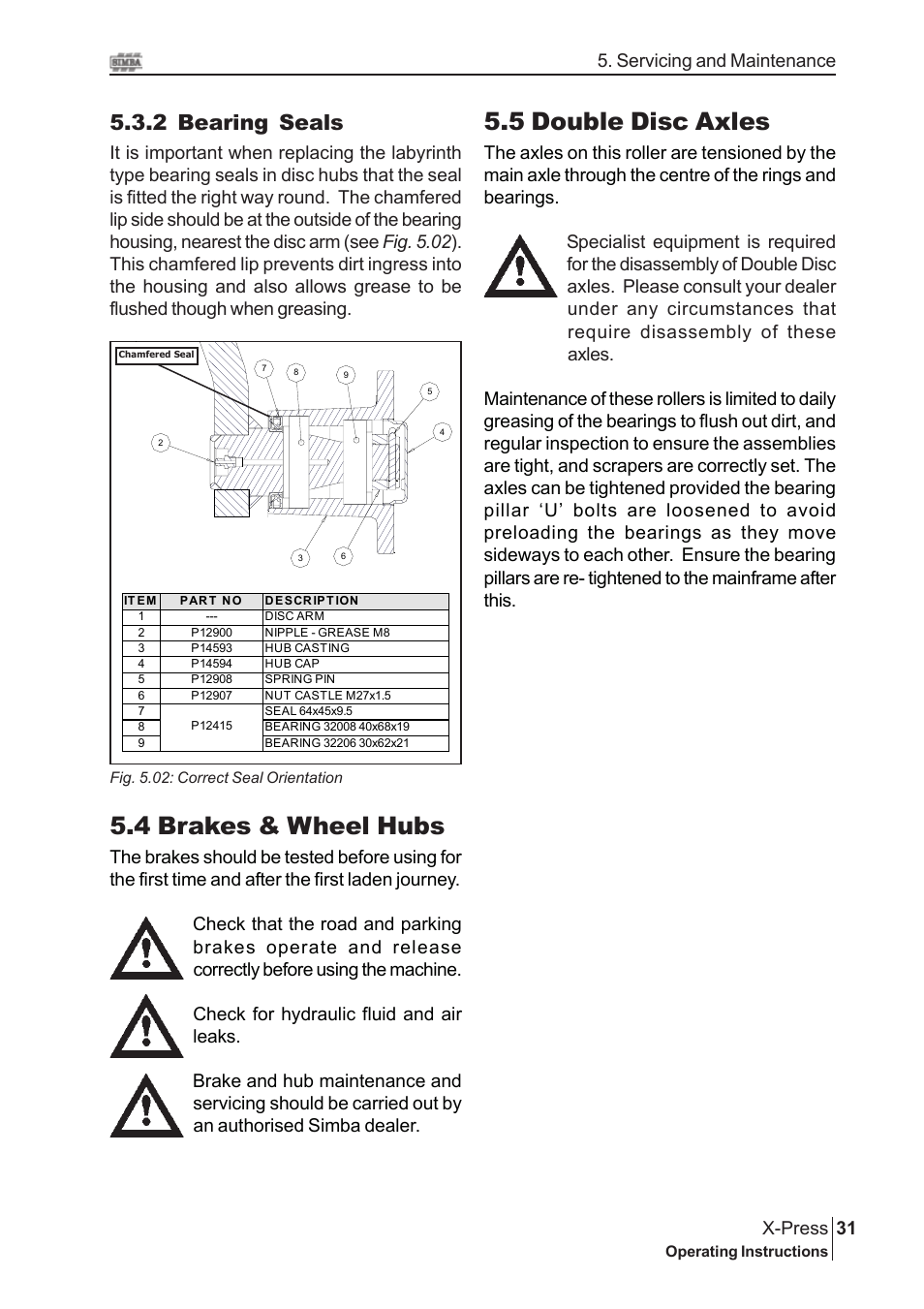 5 double disc axles, 4 brakes & wheel hubs, 2 bearing seals | 31 x-press, Servicing and maintenance | Great Plains P15845 Serial No 18007975 User Manual | Page 31 / 38