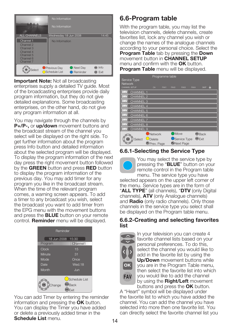 Program table, Selecting the service type, Creating and selecting favorites list | Beko 37WLU530HID User Manual | Page 16 / 37