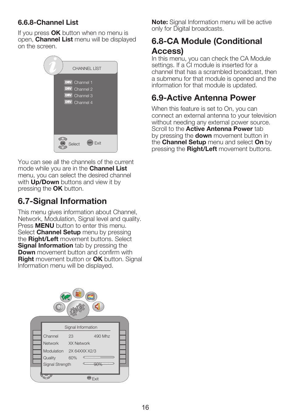 Signal information, Ca module (conditional access), Active antenna power | Beko 37WLU530HID User Manual | Page 18 / 37