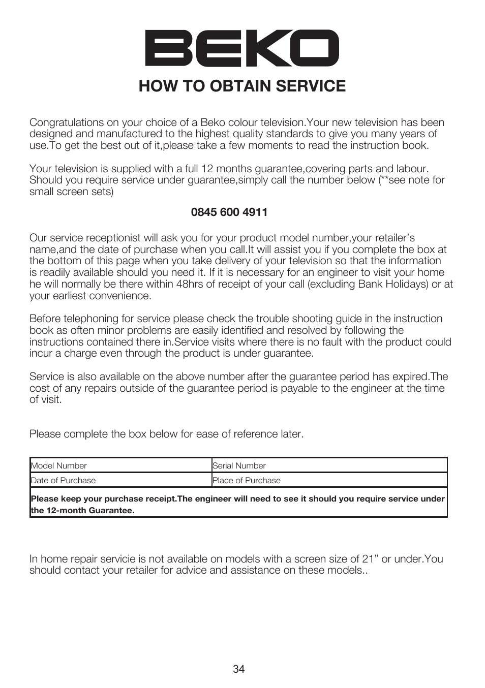 13 how to obtain service | Beko 37WLU530HID User Manual | Page 36 / 37