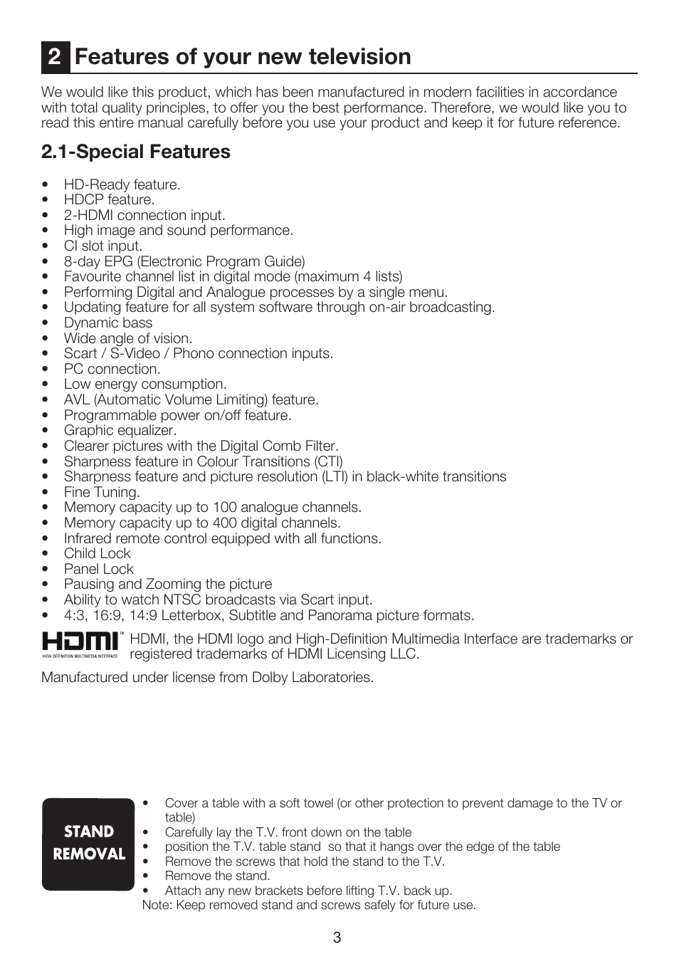 2features of your new television, Special features | Beko 37WLU530HID User Manual | Page 5 / 37