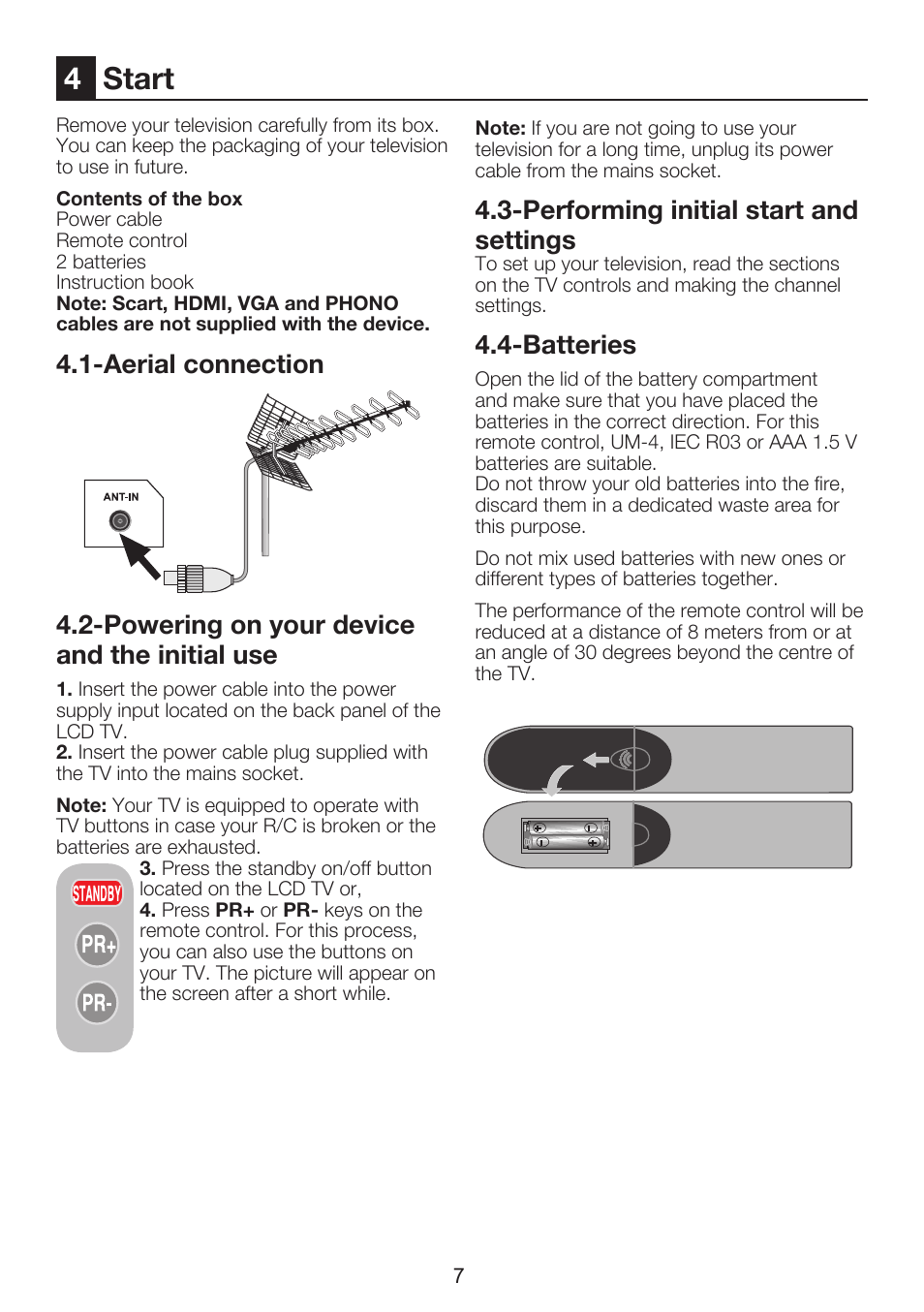 4start, Performing initial start and settings, Batteries | Beko 37WLU530HID User Manual | Page 9 / 37