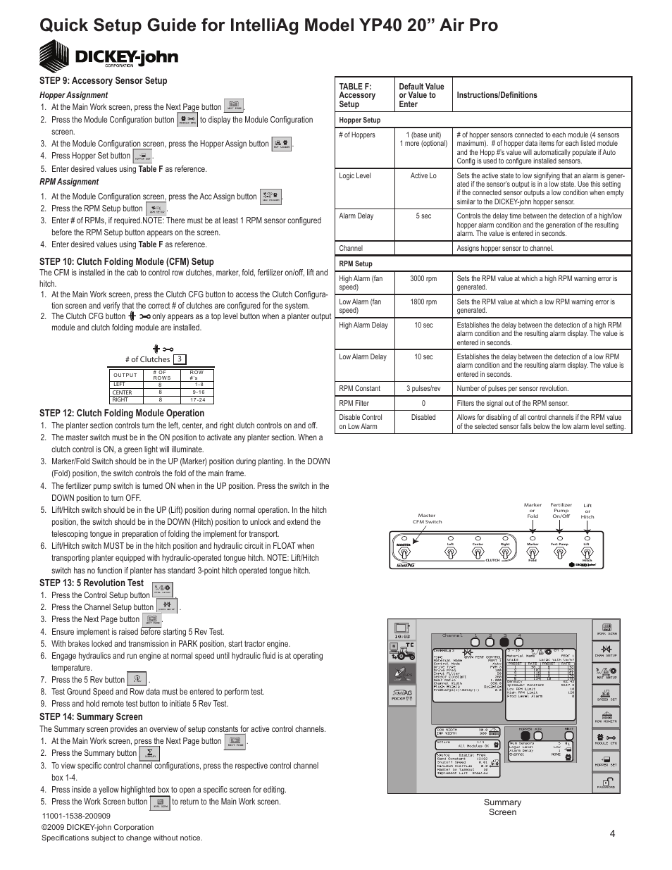 Step 13: 5 revolution test, 4step 14: summary screen, Step 12: clutch folding module operation | Step 9: accessory sensor setup, Step 10: clutch folding module (cfm) setup | Great Plains YP4025A-2420 DICKEY-john IntelliAg Quick Start User Manual | Page 4 / 5