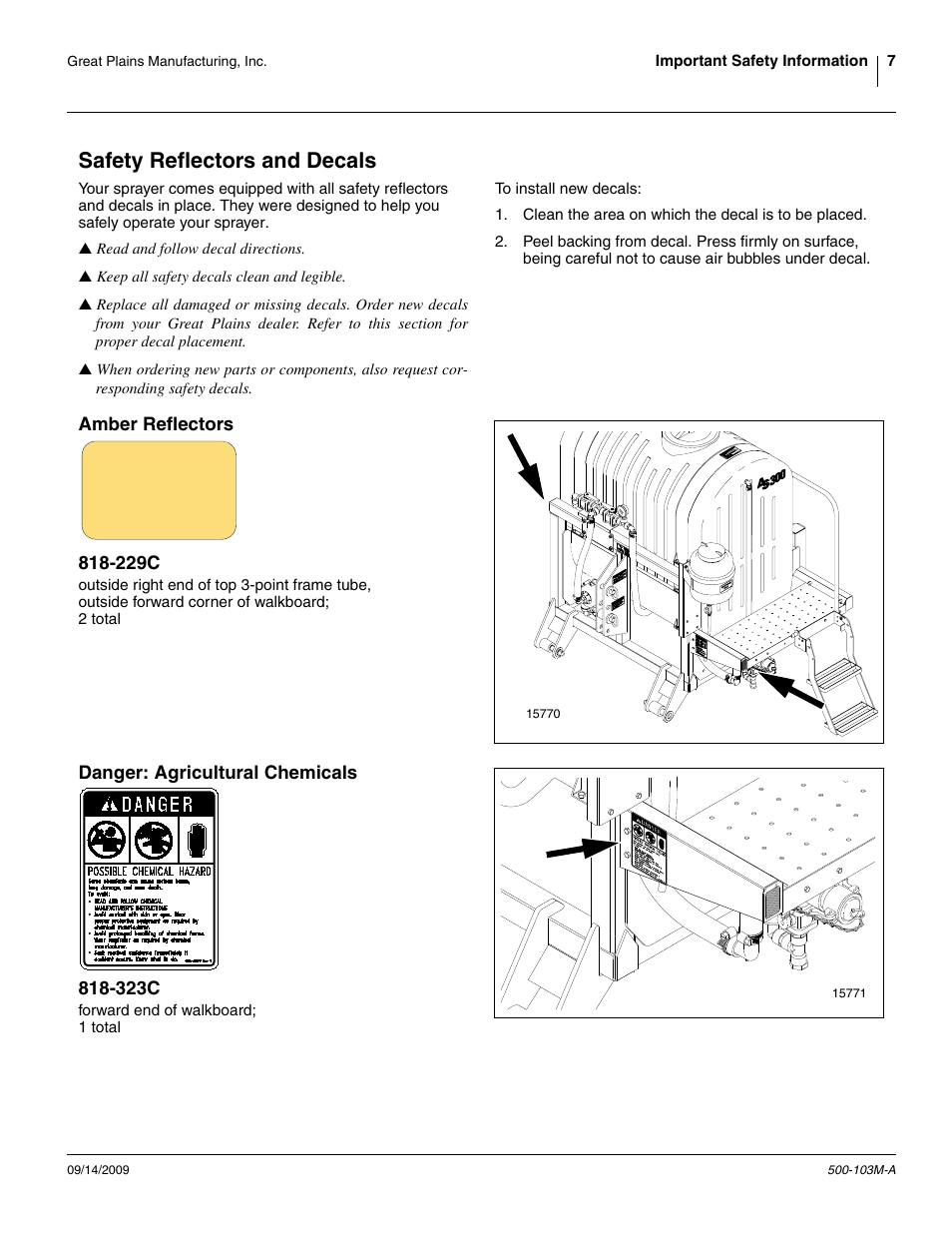 Safety reflectors and decals, Amber reflectors 818-229c, Danger: agricultural chemicals 818-323c | Great Plains 3P300 Operator Manual User Manual | Page 11 / 70