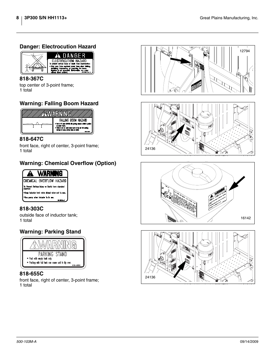 Danger: electrocution hazard 818-367c, Warning: falling boom hazard 818-647c, Warning: chemical overflow (option) 818-303c | Warning: parking stand 818-655c | Great Plains 3P300 Operator Manual User Manual | Page 12 / 70