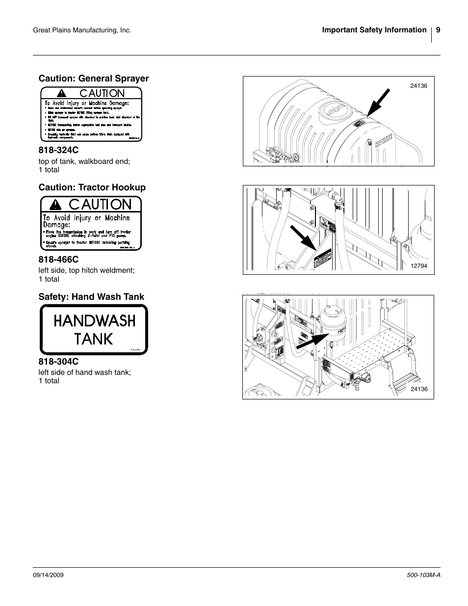 Caution: general sprayer 818-324c, Caution: tractor hookup 818-466c, Safety: hand wash tank 818-304c | Great Plains 3P300 Operator Manual User Manual | Page 13 / 70