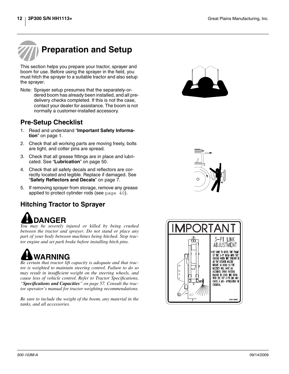 Preparation and setup, Pre-setup checklist, Hitching tractor to sprayer | Danger, Warning | Great Plains 3P300 Operator Manual User Manual | Page 16 / 70