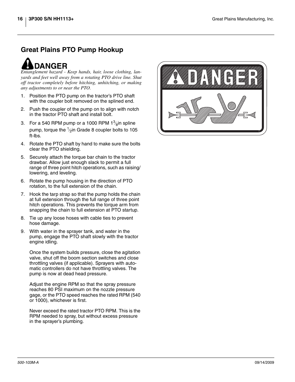 Great plains pto pump hookup, Danger | Great Plains 3P300 Operator Manual User Manual | Page 20 / 70