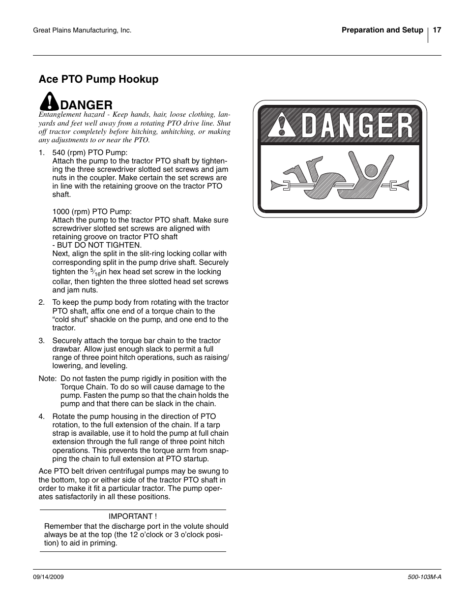 Ace pto pump hookup, Danger | Great Plains 3P300 Operator Manual User Manual | Page 21 / 70