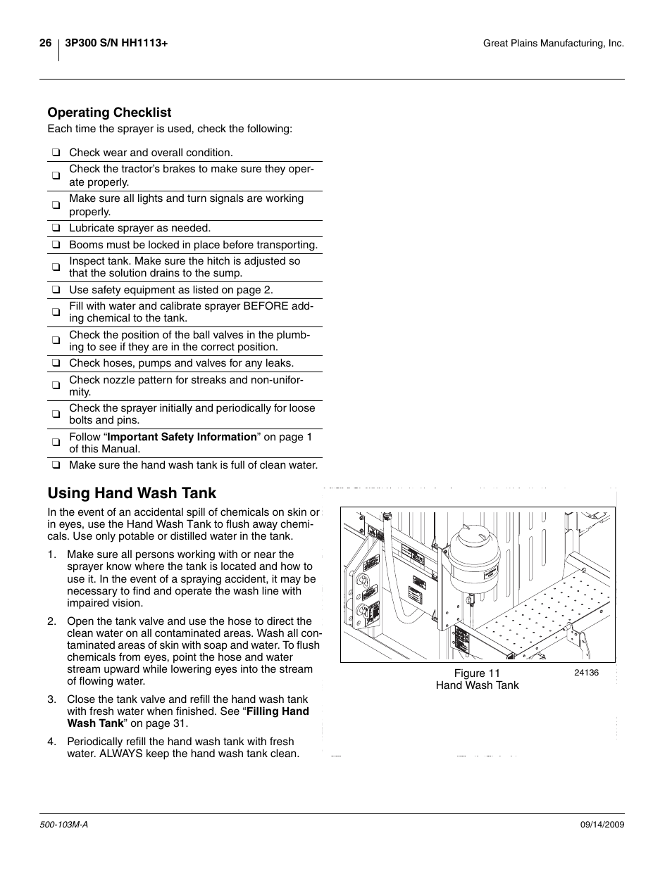 Operating checklist, Using hand wash tank | Great Plains 3P300 Operator Manual User Manual | Page 30 / 70