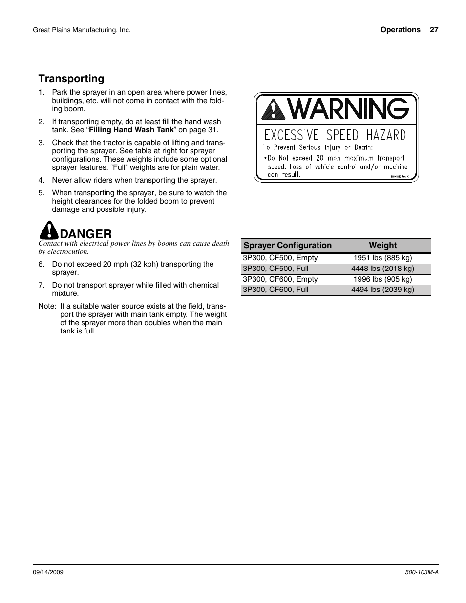 Transporting, Danger | Great Plains 3P300 Operator Manual User Manual | Page 31 / 70