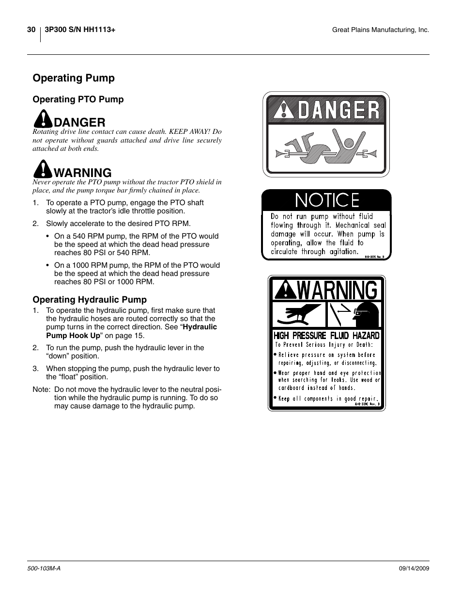 Operating pump, Operating pto pump, Operating hydraulic pump | Danger, Warning | Great Plains 3P300 Operator Manual User Manual | Page 34 / 70