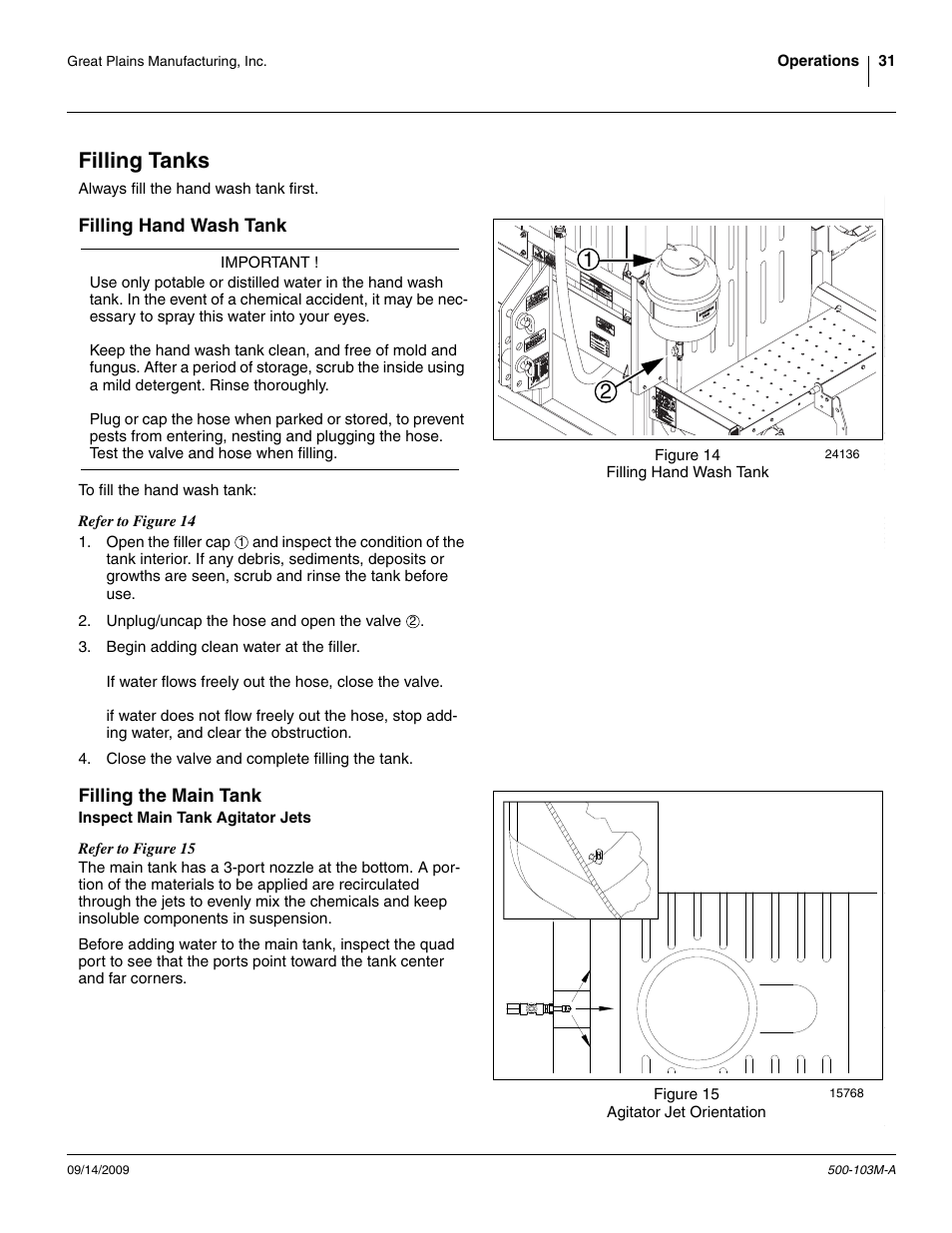 Filling tanks, Filling hand wash tank, Filling the main tank | Inspect main tank agitator jets, Filling hand wash tank filling the main tank | Great Plains 3P300 Operator Manual User Manual | Page 35 / 70