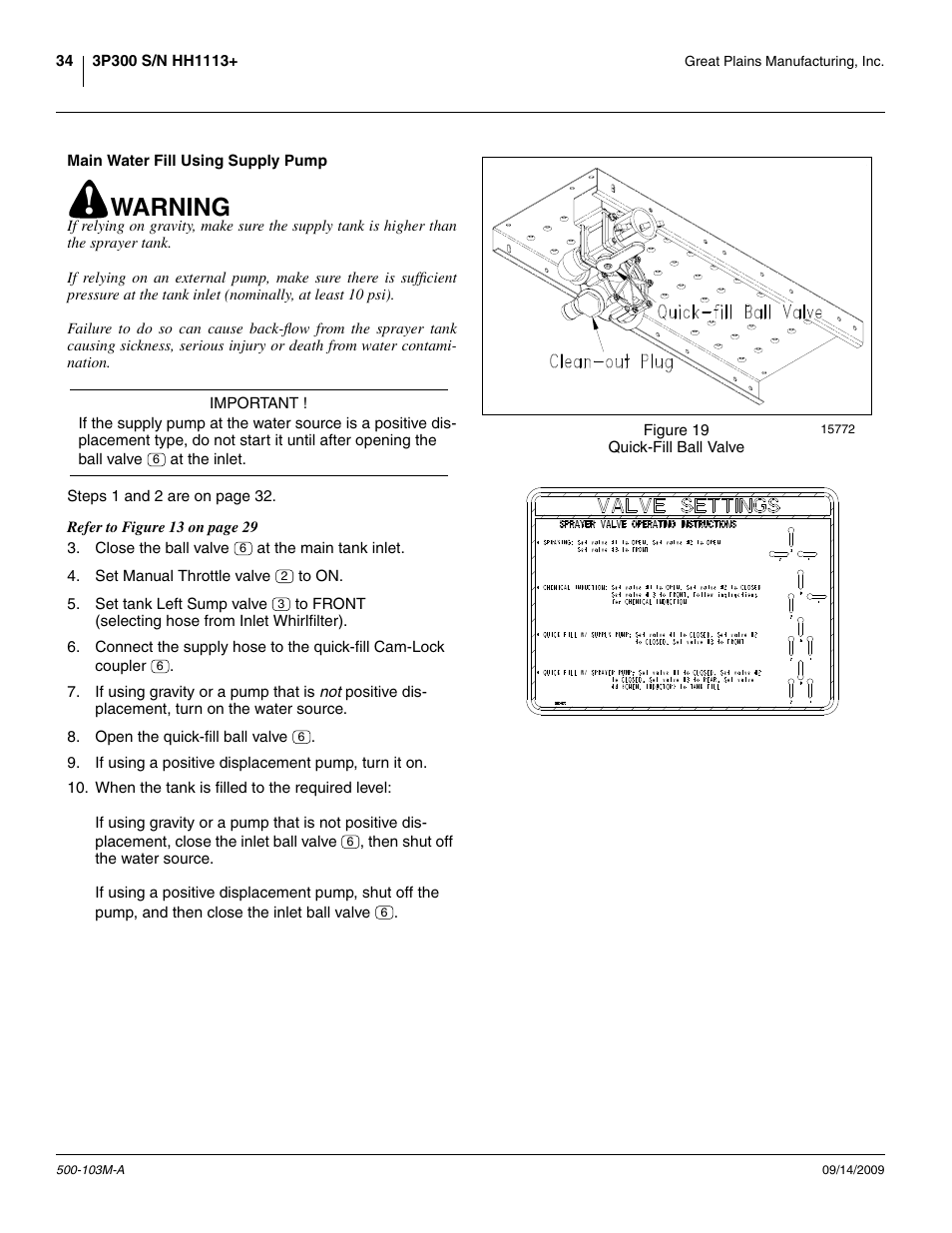 Main water fill using supply pump, Warning | Great Plains 3P300 Operator Manual User Manual | Page 38 / 70