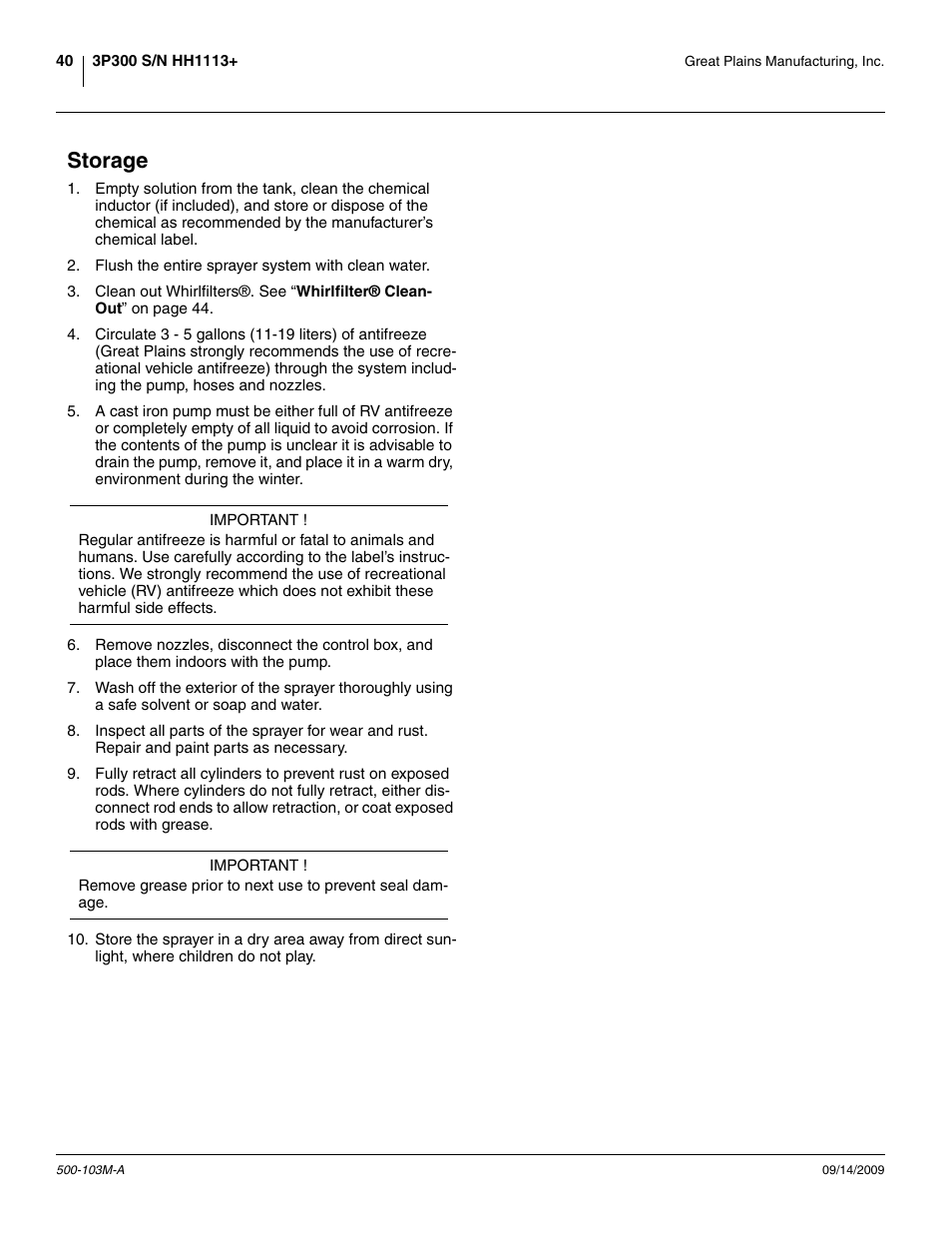 Storage | Great Plains 3P300 Operator Manual User Manual | Page 44 / 70