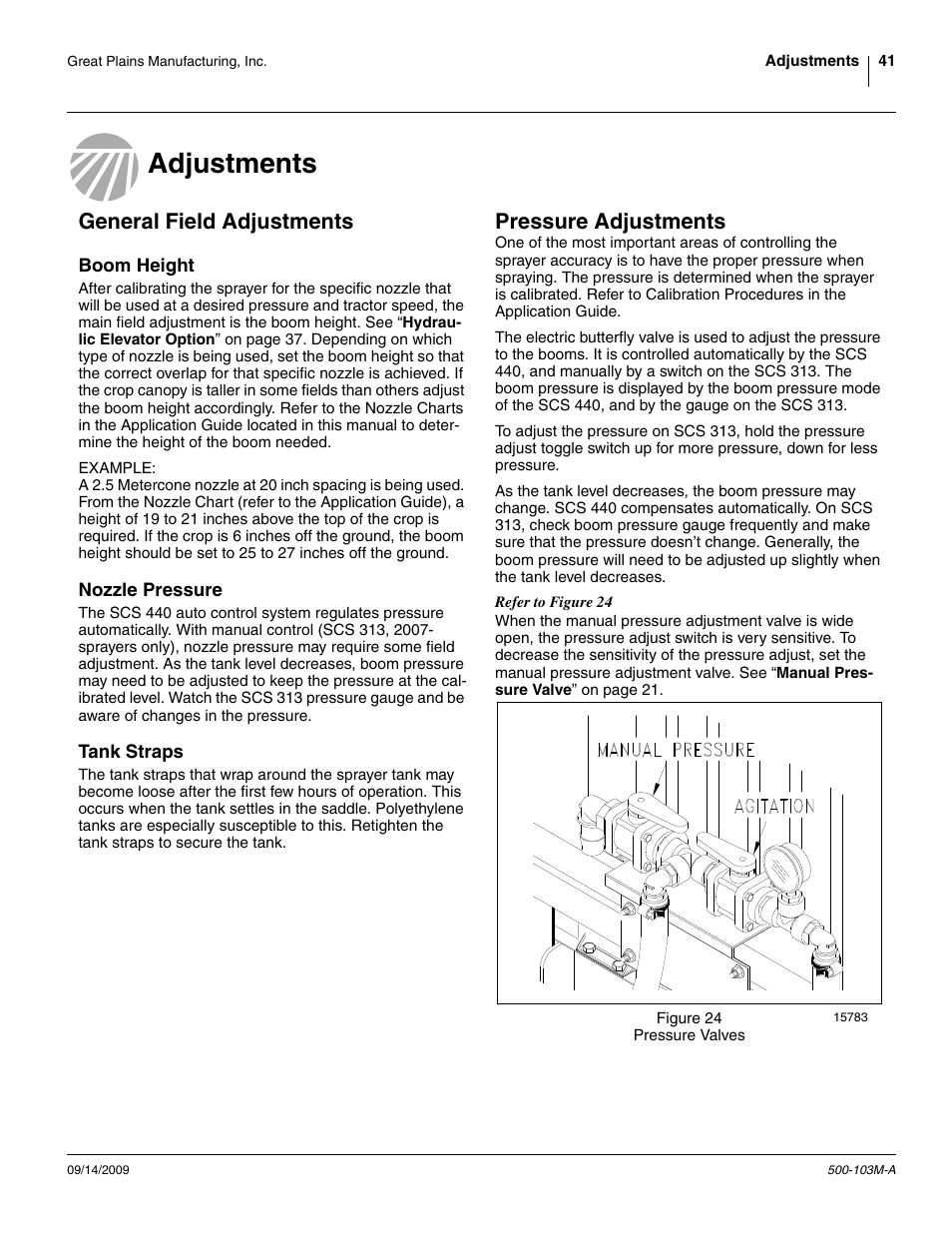 Adjustments, General field adjustments, Boom height | Nozzle pressure, Tank straps, Pressure adjustments, Adjustments general field adjustments, Boom height nozzle pressure tank straps | Great Plains 3P300 Operator Manual User Manual | Page 45 / 70