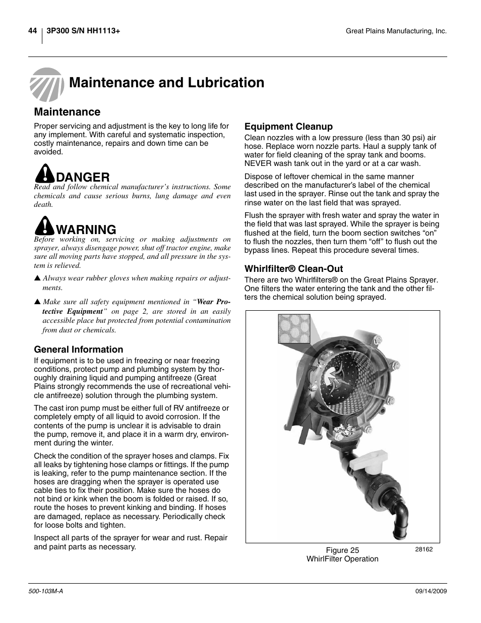 Maintenance and lubrication, Maintenance, General information | Equipment cleanup, Whirlfilter® clean-out, Maintenance and lubrication maintenance, Danger, Warning | Great Plains 3P300 Operator Manual User Manual | Page 48 / 70