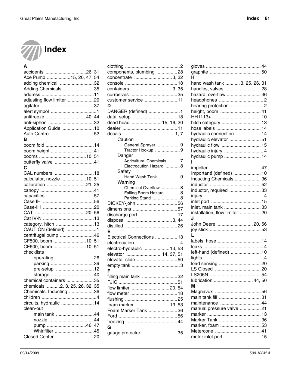 Index | Great Plains 3P300 Operator Manual User Manual | Page 65 / 70