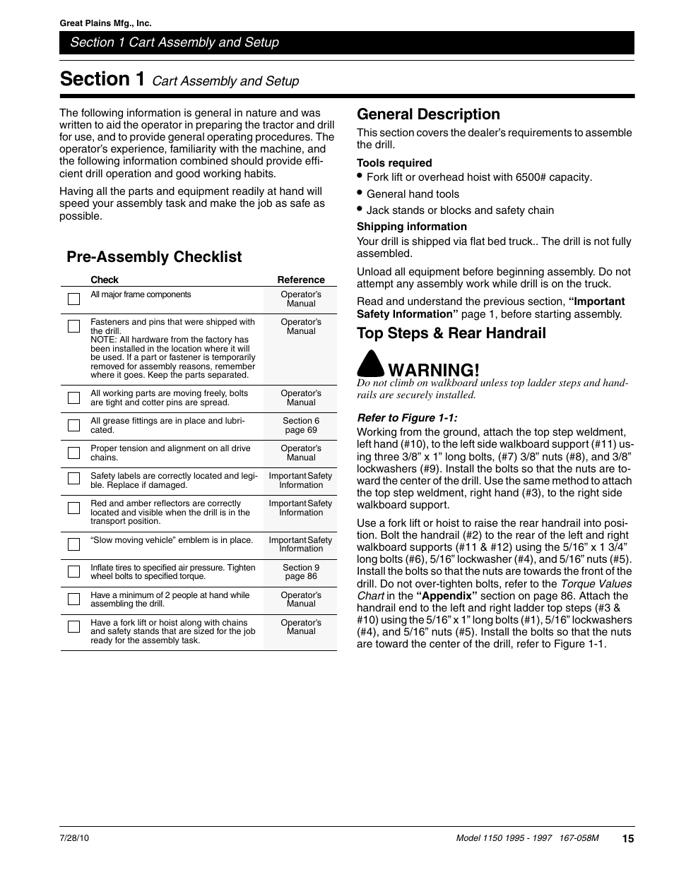 Warning, Pre-assembly checklist, General description | Top steps & rear handrail | Great Plains ADC1150 Operator Manual User Manual | Page 17 / 90