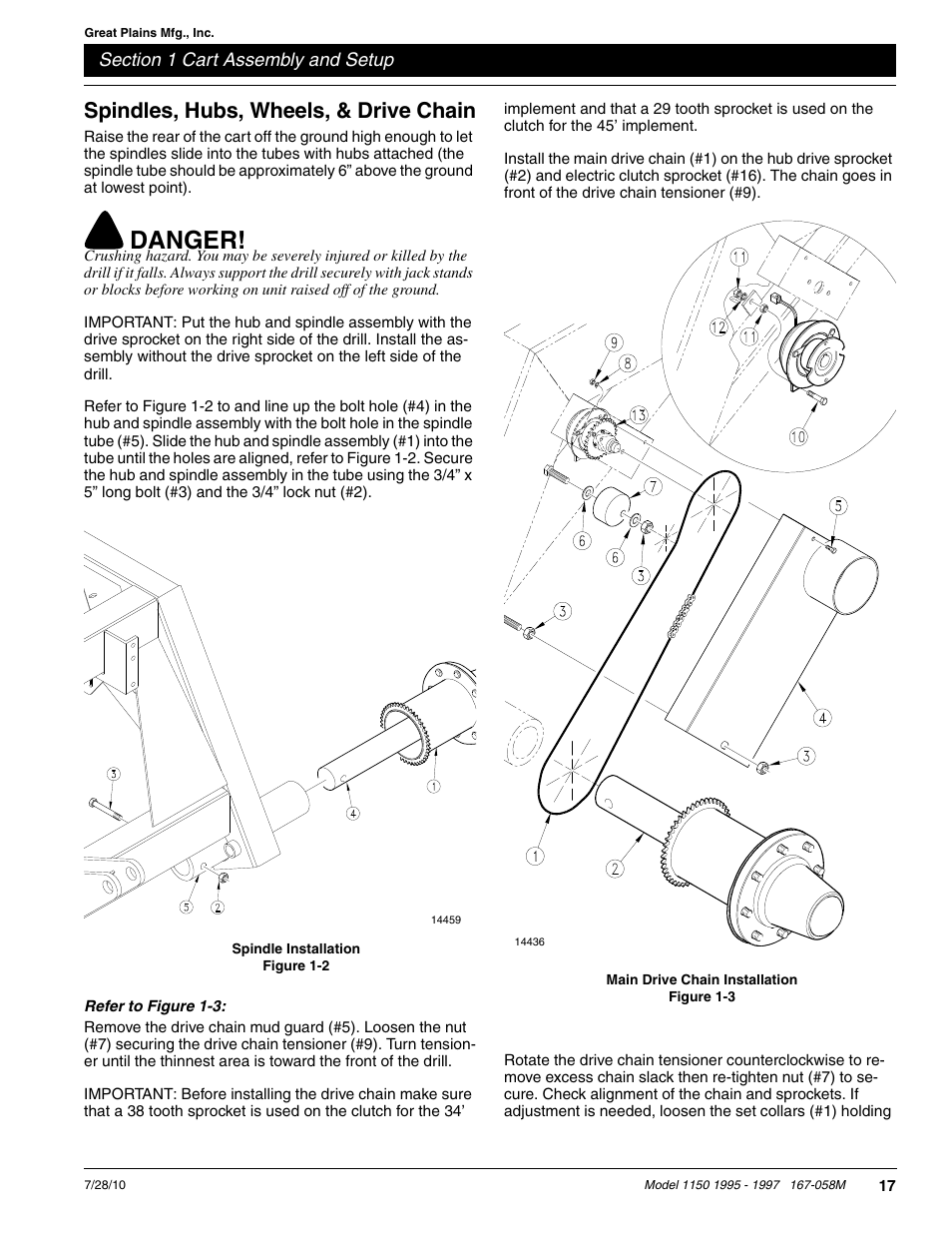 Danger, Spindles, hubs, wheels, & drive chain | Great Plains ADC1150 Operator Manual User Manual | Page 19 / 90