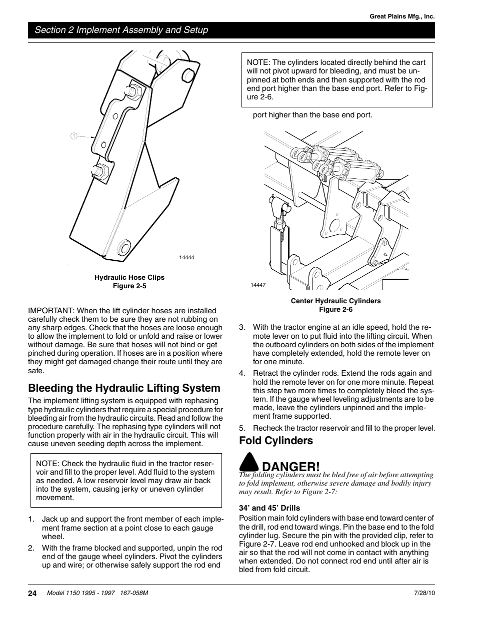 Danger, Bleeding the hydraulic lifting system, Fold cylinders | Great Plains ADC1150 Operator Manual User Manual | Page 26 / 90