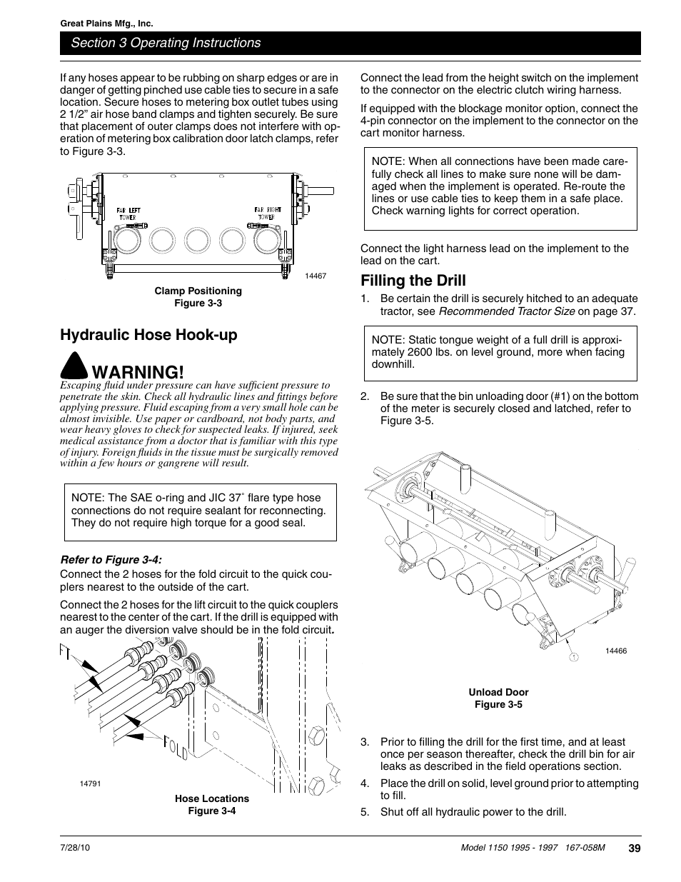 Warning, Hydraulic hose hook-up, Filling the drill | Great Plains ADC1150 Operator Manual User Manual | Page 41 / 90