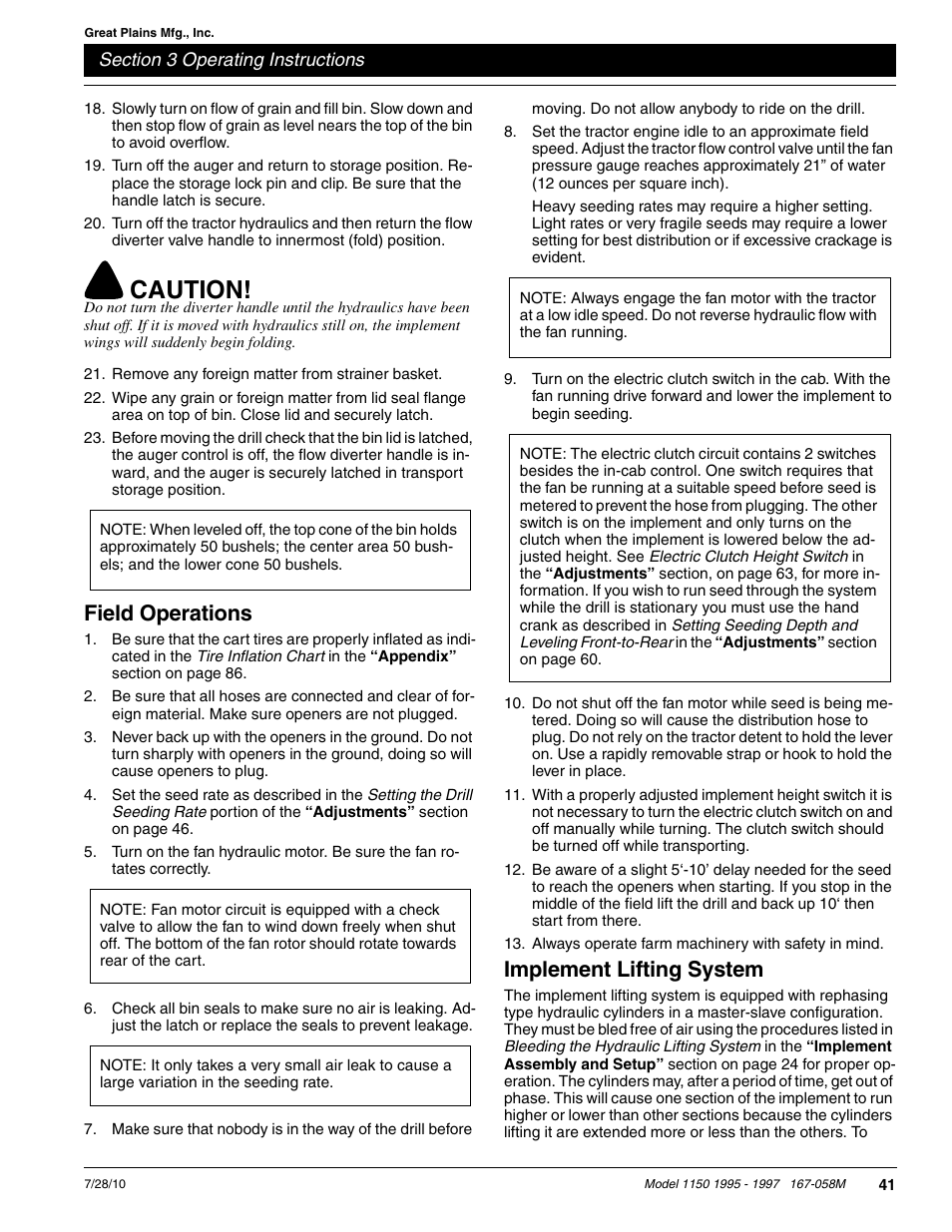 Caution, Field operations, Implement lifting system | Great Plains ADC1150 Operator Manual User Manual | Page 43 / 90