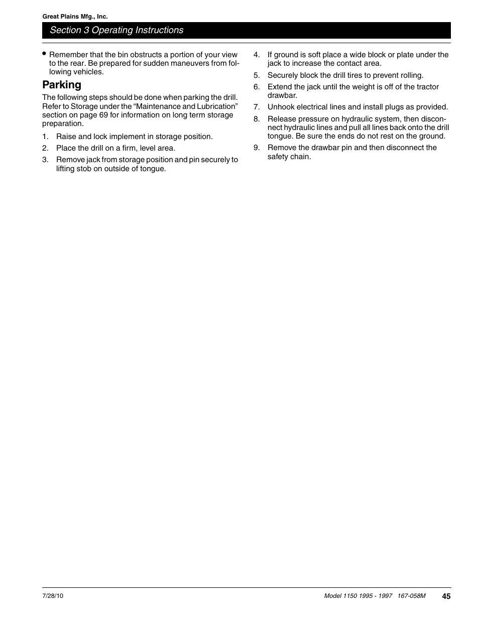 Parking | Great Plains ADC1150 Operator Manual User Manual | Page 47 / 90