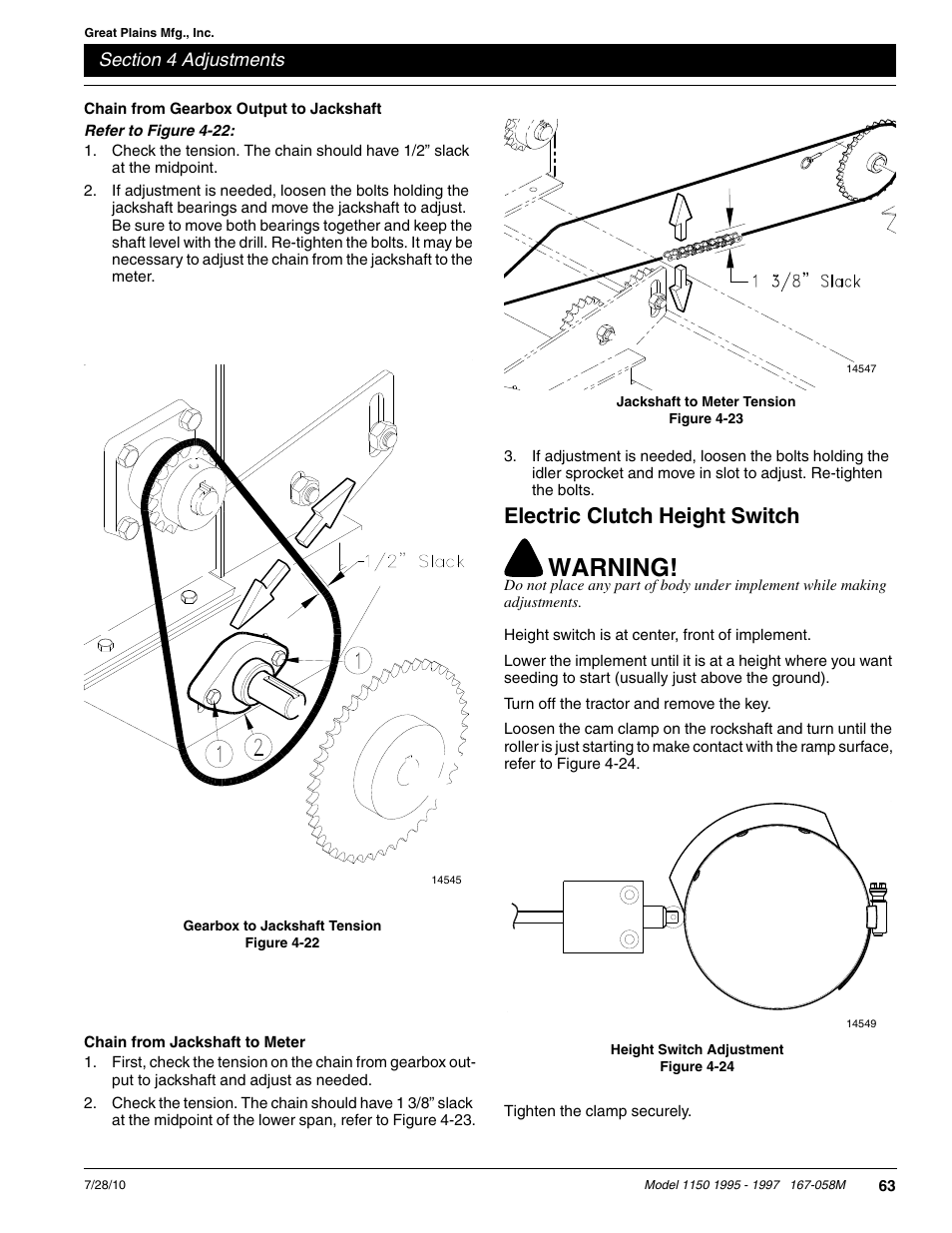 Warning, Electric clutch height switch | Great Plains ADC1150 Operator Manual User Manual | Page 65 / 90