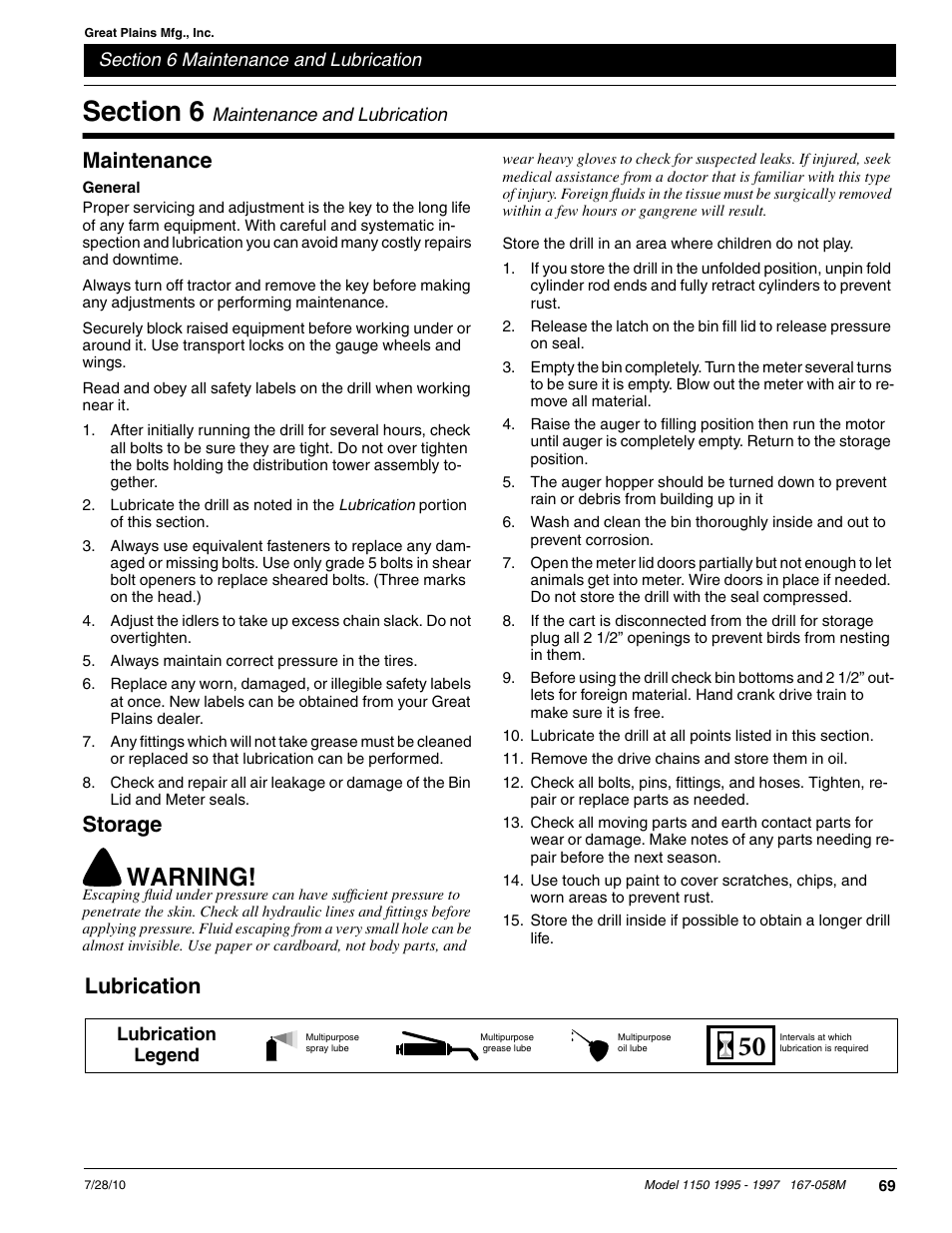 Warning, Maintenance, Storage | Lubrication | Great Plains ADC1150 Operator Manual User Manual | Page 71 / 90