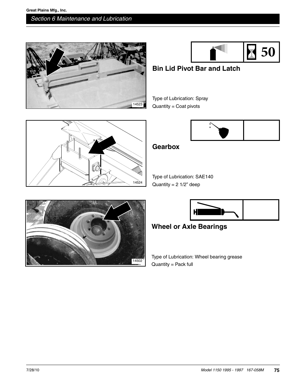 Annually, Bin lid pivot bar and latch, Gearbox | Wheel or axle bearings | Great Plains ADC1150 Operator Manual User Manual | Page 77 / 90