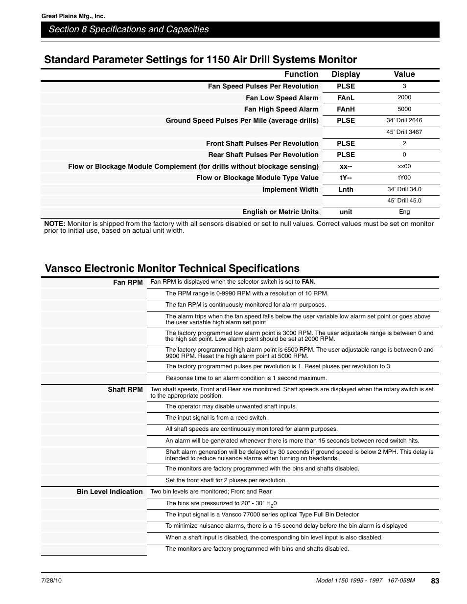 Vansco electronic monitor technical specifications | Great Plains ADC1150 Operator Manual User Manual | Page 85 / 90