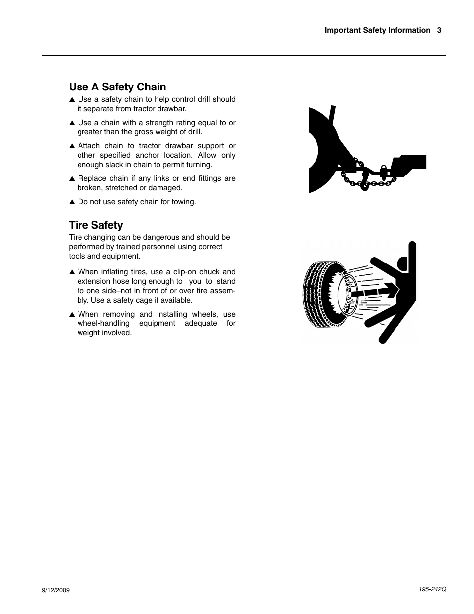 Use a safety chain, Tire safety | Great Plains 3S-4000F Predelivery Manual User Manual | Page 5 / 35