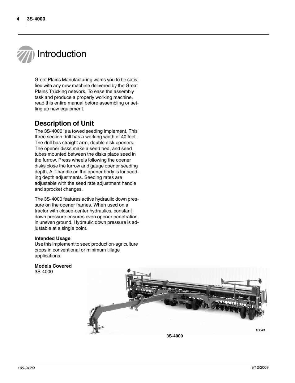 Introduction, Description of unit | Great Plains 3S-4000F Predelivery Manual User Manual | Page 6 / 35