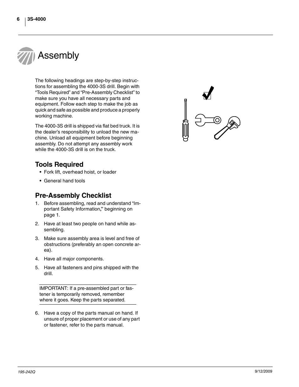 Assembly, Tools required, Pre-assembly checklist | Great Plains 3S-4000F Predelivery Manual User Manual | Page 8 / 35