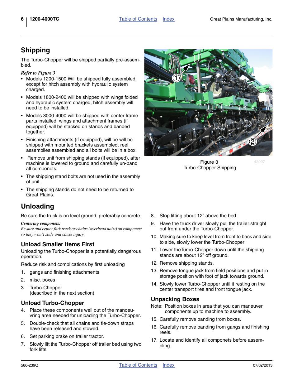 Shipping, Unloading, Unload smaller items first | Unload turbo-chopper, Unpacking boxes, Shipping unloading | Great Plains 4000TC Predelivery Manual User Manual | Page 10 / 68