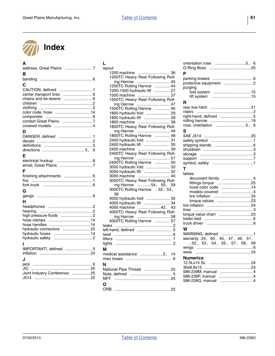 Index | Great Plains 4000TC Predelivery Manual User Manual | Page 65 / 68