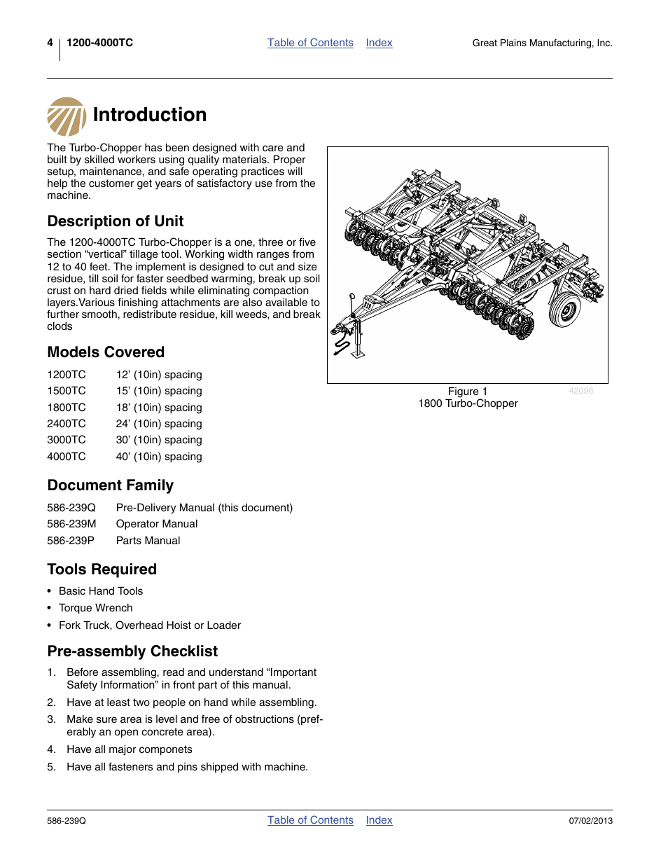 Introduction, Description of unit, Models covered | Document family, Tools required, Pre-assembly checklist, Models covered document family tools required | Great Plains 4000TC Predelivery Manual User Manual | Page 8 / 68