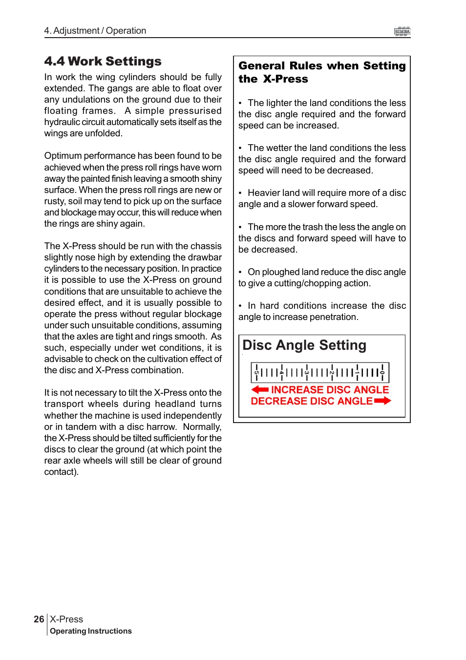 Disc angle setting, 4 work settings | Great Plains P14175 Serial No 12213 to 12723 User Manual | Page 26 / 38