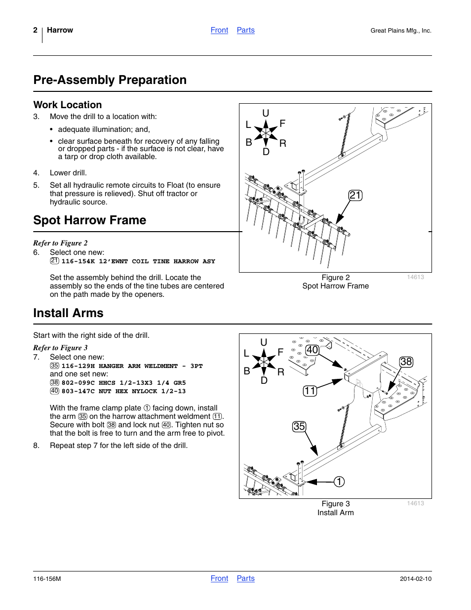 Pre-assembly preparation, Work location, Spot harrow frame | Install arms | Great Plains 1205NT Installation Instructions User Manual | Page 2 / 8
