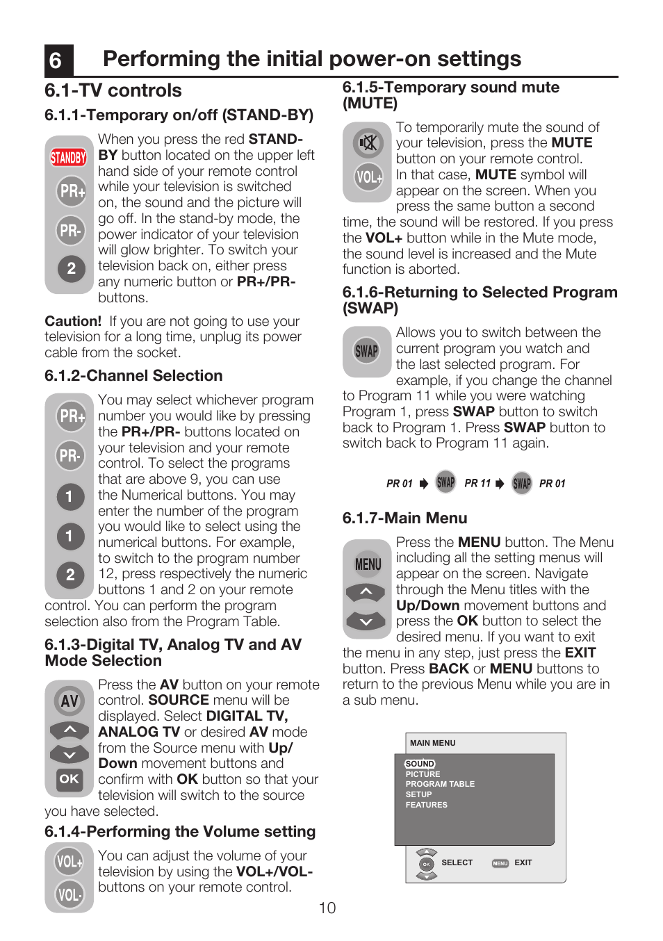 6performing the initial power-on settings, Tv controls | Beko 40WLU550FHID User Manual | Page 12 / 37