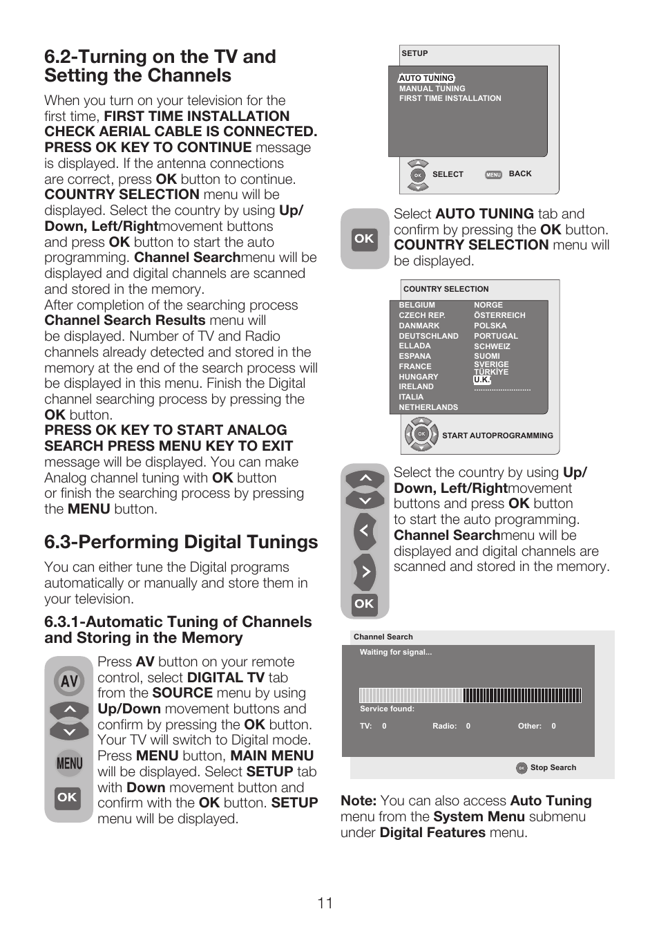 Turning on the tv and setting the channels, Performing digital tunings | Beko 40WLU550FHID User Manual | Page 13 / 37