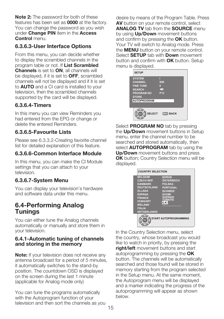 Performing analog tunings, User interface options, Timers | Favourite lists, Common interface module, System menu | Beko 40WLU550FHID User Manual | Page 17 / 37