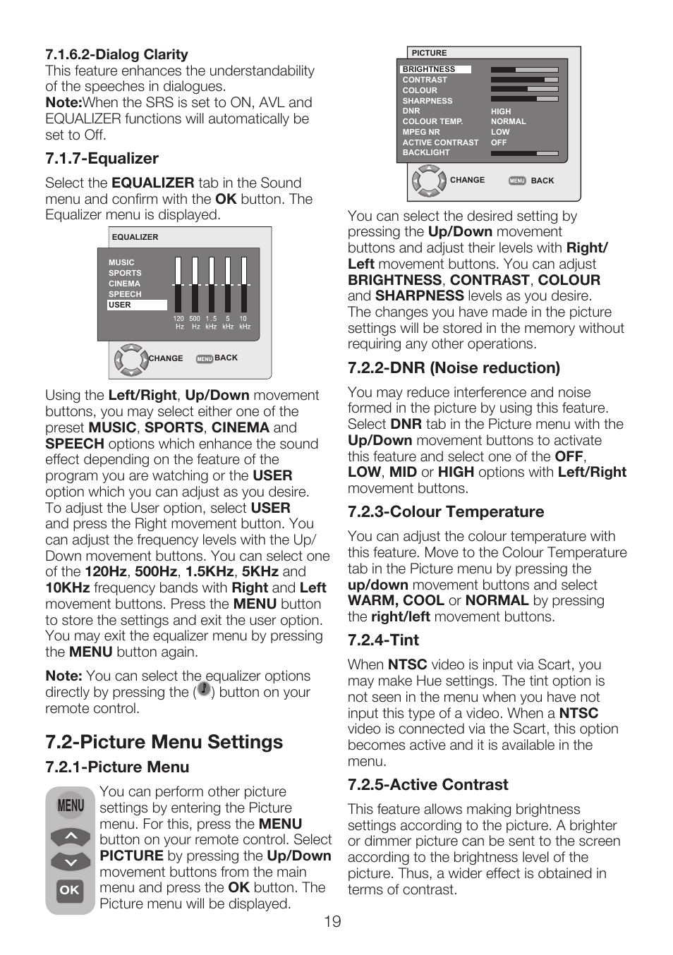 Picture menu settings, Picture menu, Equalizer | Dnr (noise reduction), Colour temperature, Tint, Active contrast | Beko 40WLU550FHID User Manual | Page 21 / 37
